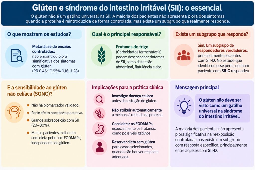 Infográfico resume as evidências atuais sobre o glúten e a síndrome do intestino irritável (SII), destacando estudos de reintrodução controlada, o papel dos frutanos do trigo, o efeito nocebo e o subgrupo de indivíduos que realmente reagem ao glúten