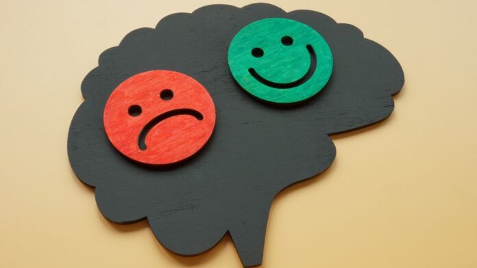 cérebro com rosto feliz e rosto triste, representando o transtorno bipolar