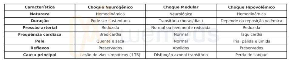 Principais diferenças entre choque neurogênico, choque medular e choque hipovolêmico.