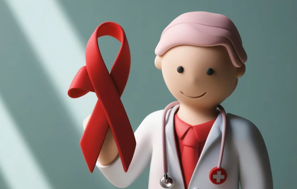 Em 2025, a OMS declarou a eliminação da transmissão vertical do HIV no Brasil. Na imagem, um boneco de massinha segurando uma fita vermelha, símbolo de luta contra HIV/AIDS.