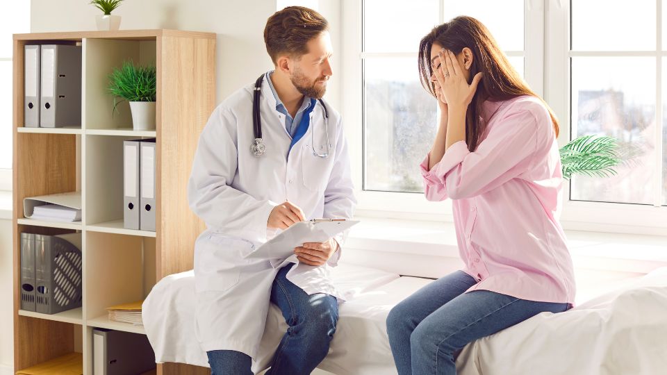 paciente com dor, sendo orientada quanto ao novo medicamento para enxaqueca com nurtec ODT
