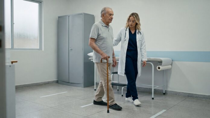 paciente idoso sendo avaliado por médica quanto às síndromes geriátricas e os 7 Is da geriatria