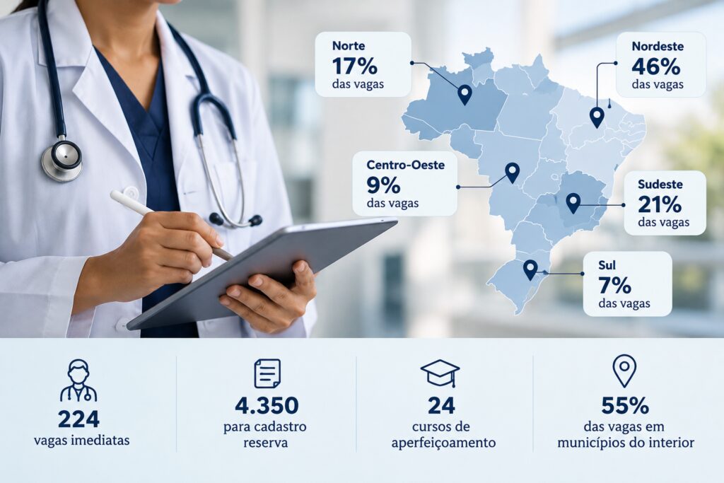Distribuição regional das vagas do Projeto Mais Médicos Especialistas, com 46% das oportunidades no Nordeste e 55% das vagas imediatas destinadas a municípios do interior.