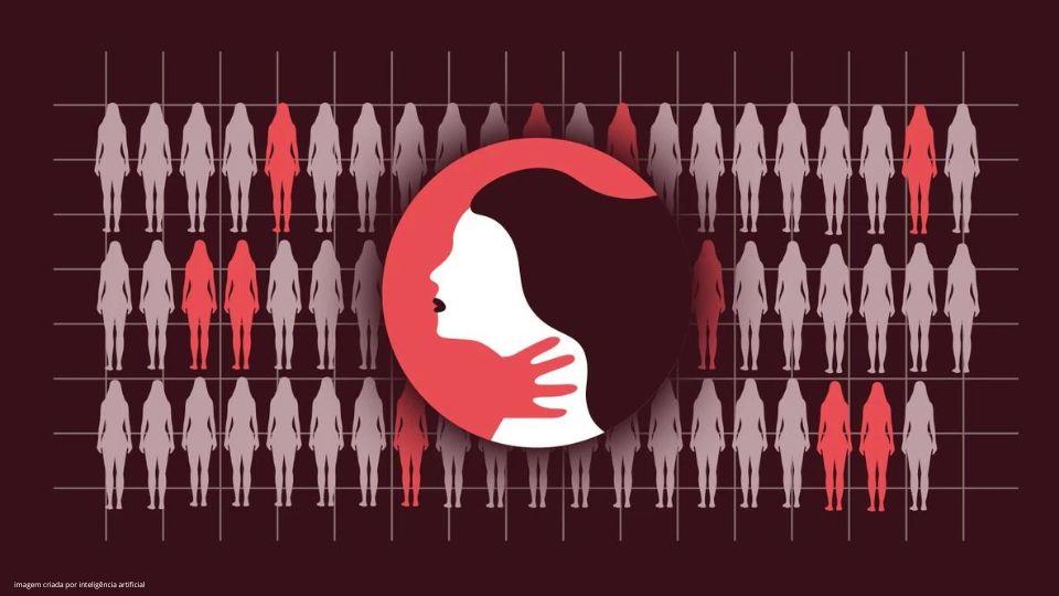 Ilustração sobre feminicídio e violência contra as mulheres, com silhuetas femininas em uma grade e algumas figuras destacadas em vermelho, ao fundo de um símbolo central que representa o acolhimento e a proteção de uma mulher